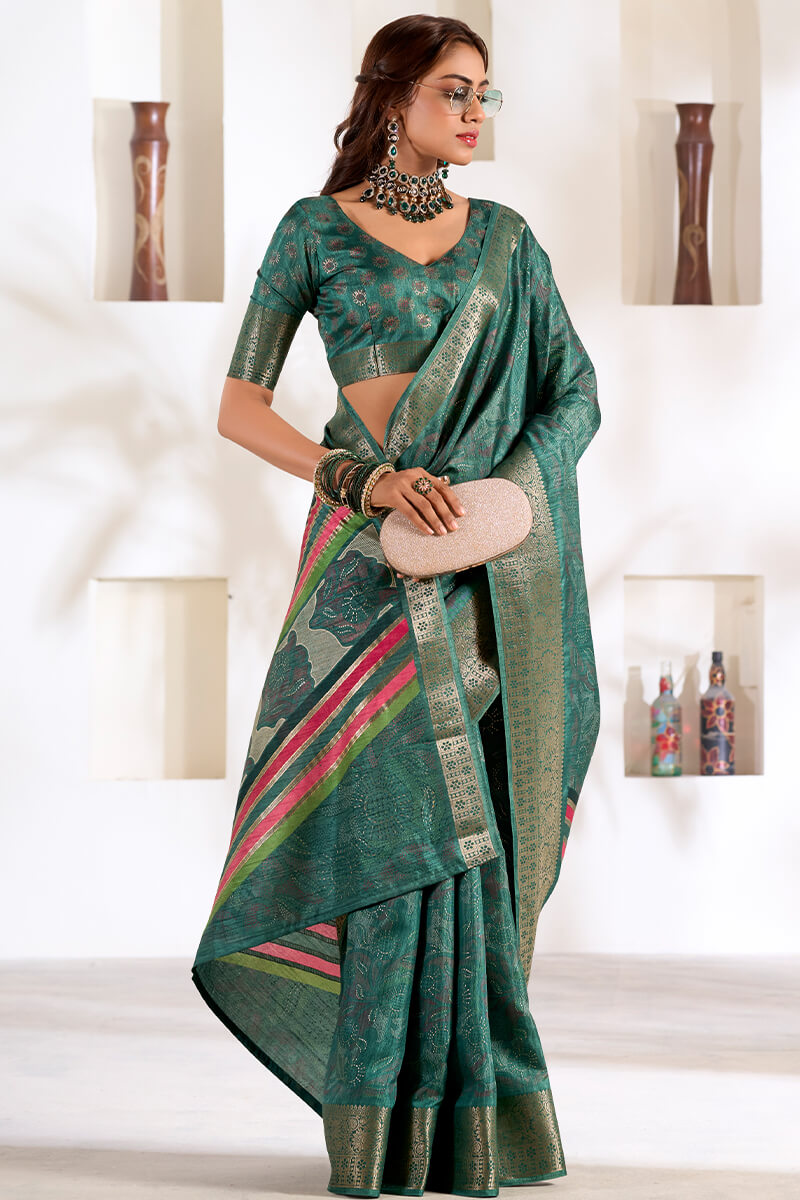 Kailash Green Soft Dola Silk Foil Printed Saree