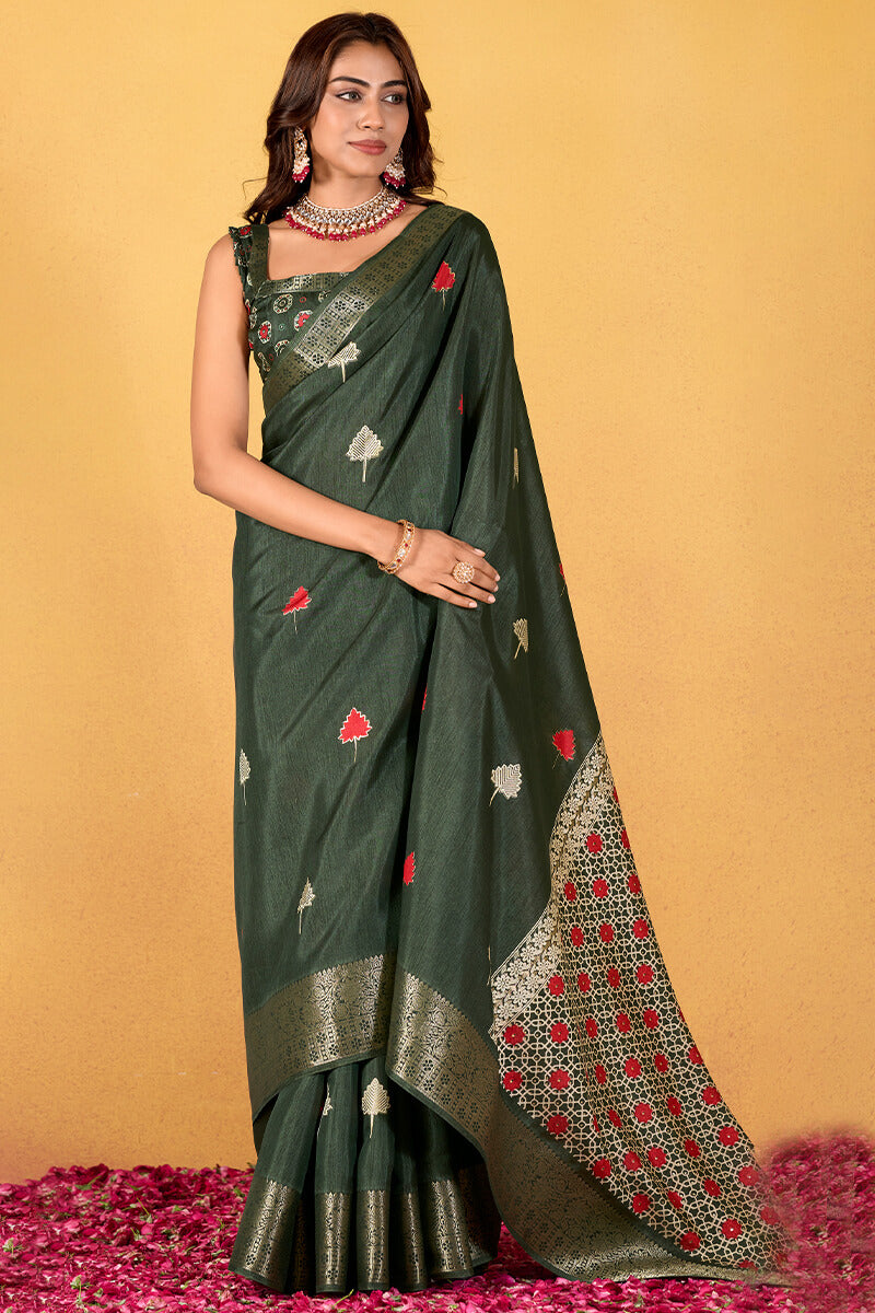 Chocolate Green Soft Dola Silk Foil Printed Saree