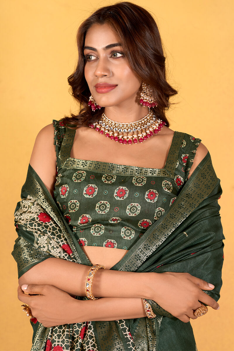 Chocolate Green Soft Dola Silk Foil Printed Saree