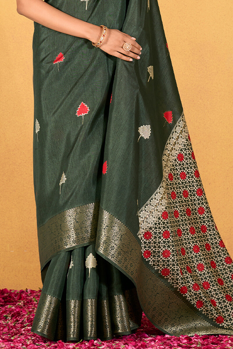 Chocolate Green Soft Dola Silk Foil Printed Saree