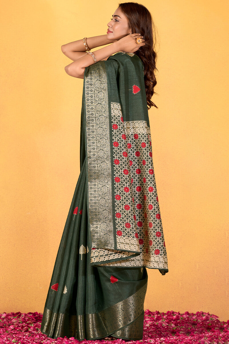 Chocolate Green Soft Dola Silk Foil Printed Saree