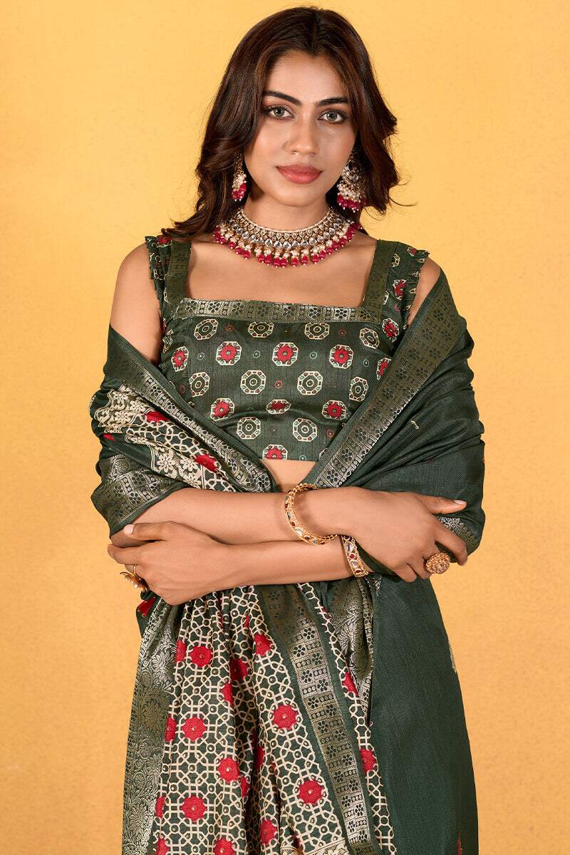 Chocolate Green Soft Dola Silk Foil Printed Saree