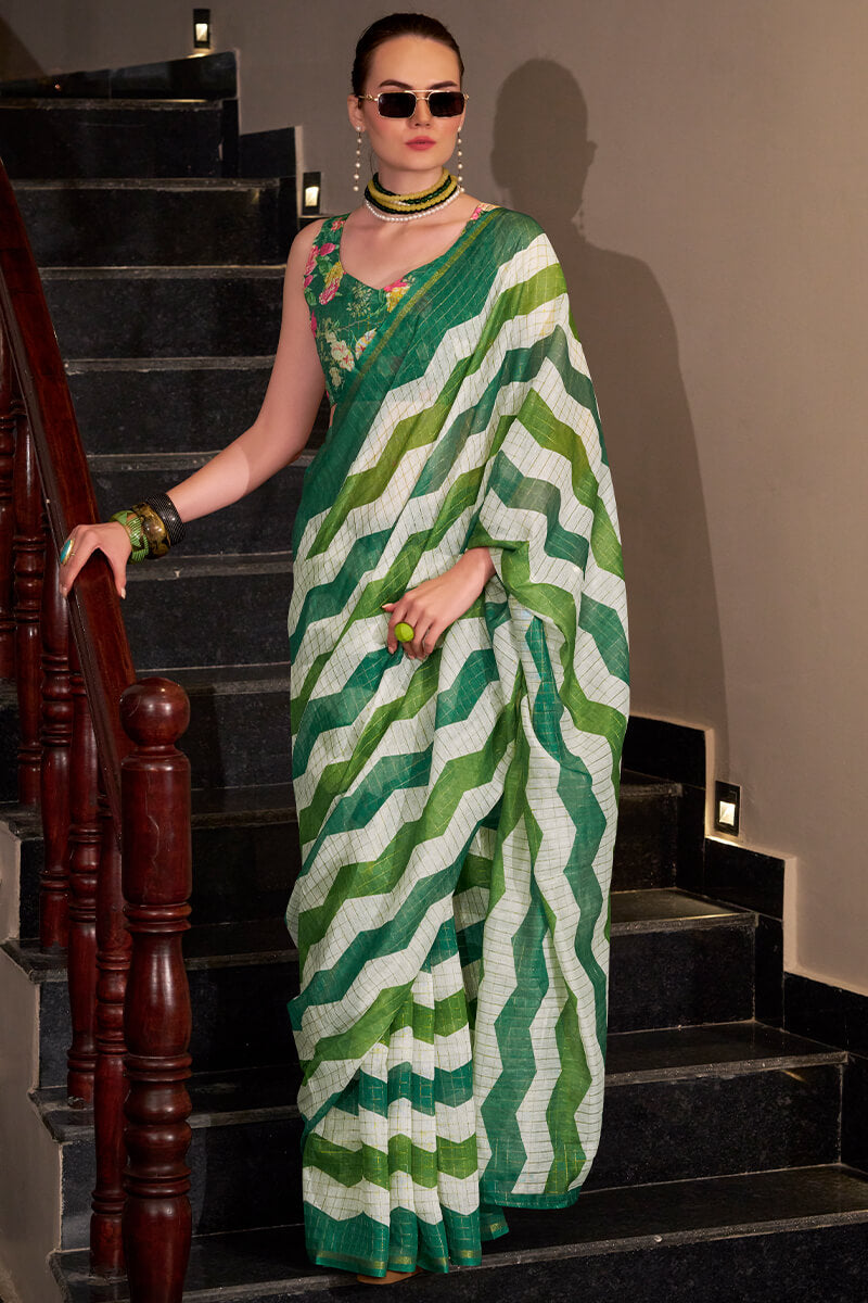 Basanti Mineral Green Linen Silk Printed Saree