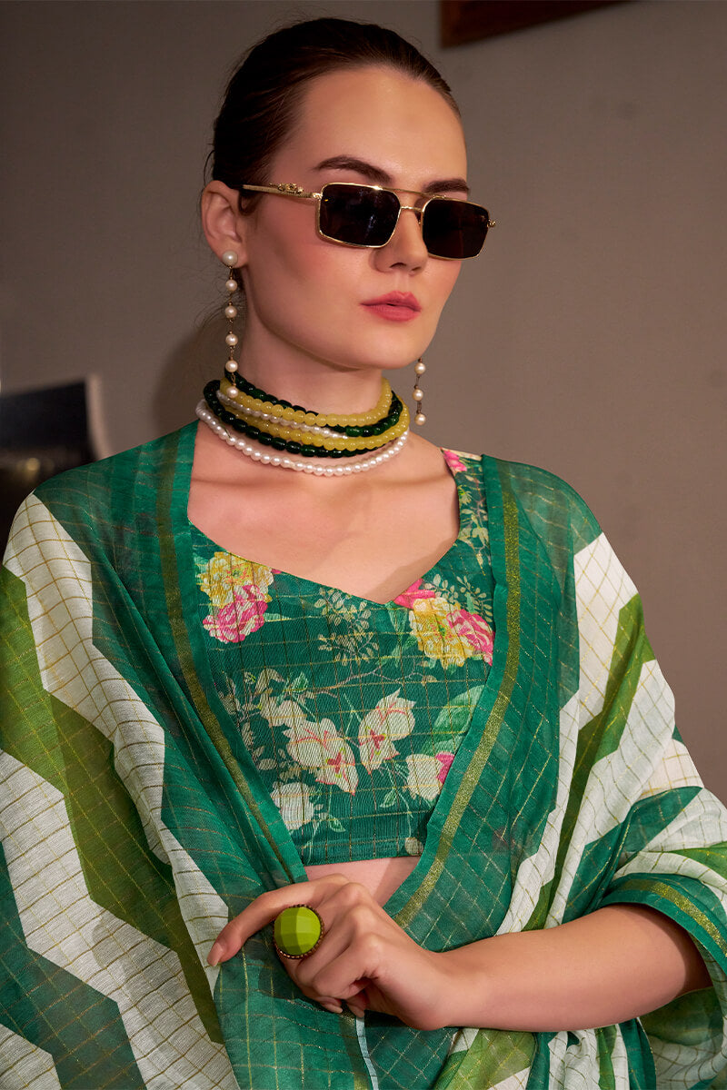 Basanti Mineral Green Linen Silk Printed Saree