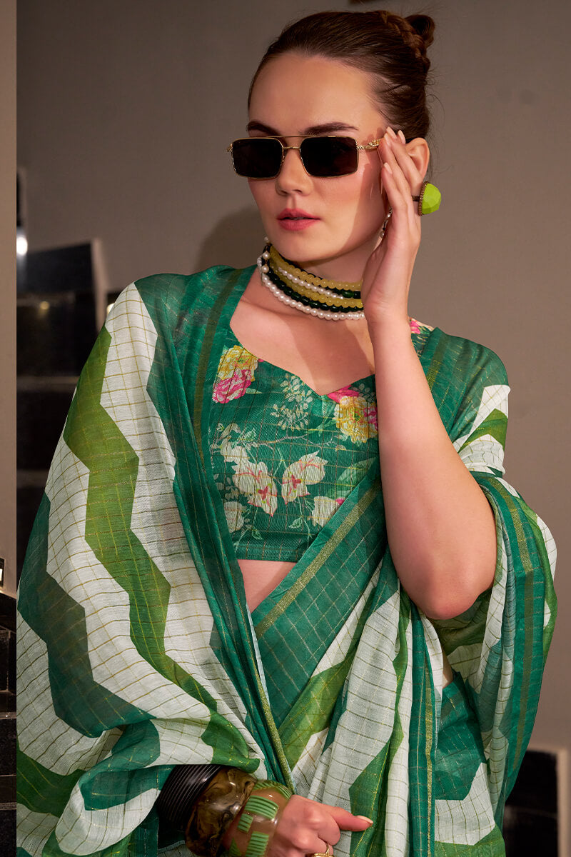Basanti Mineral Green Linen Silk Printed Saree