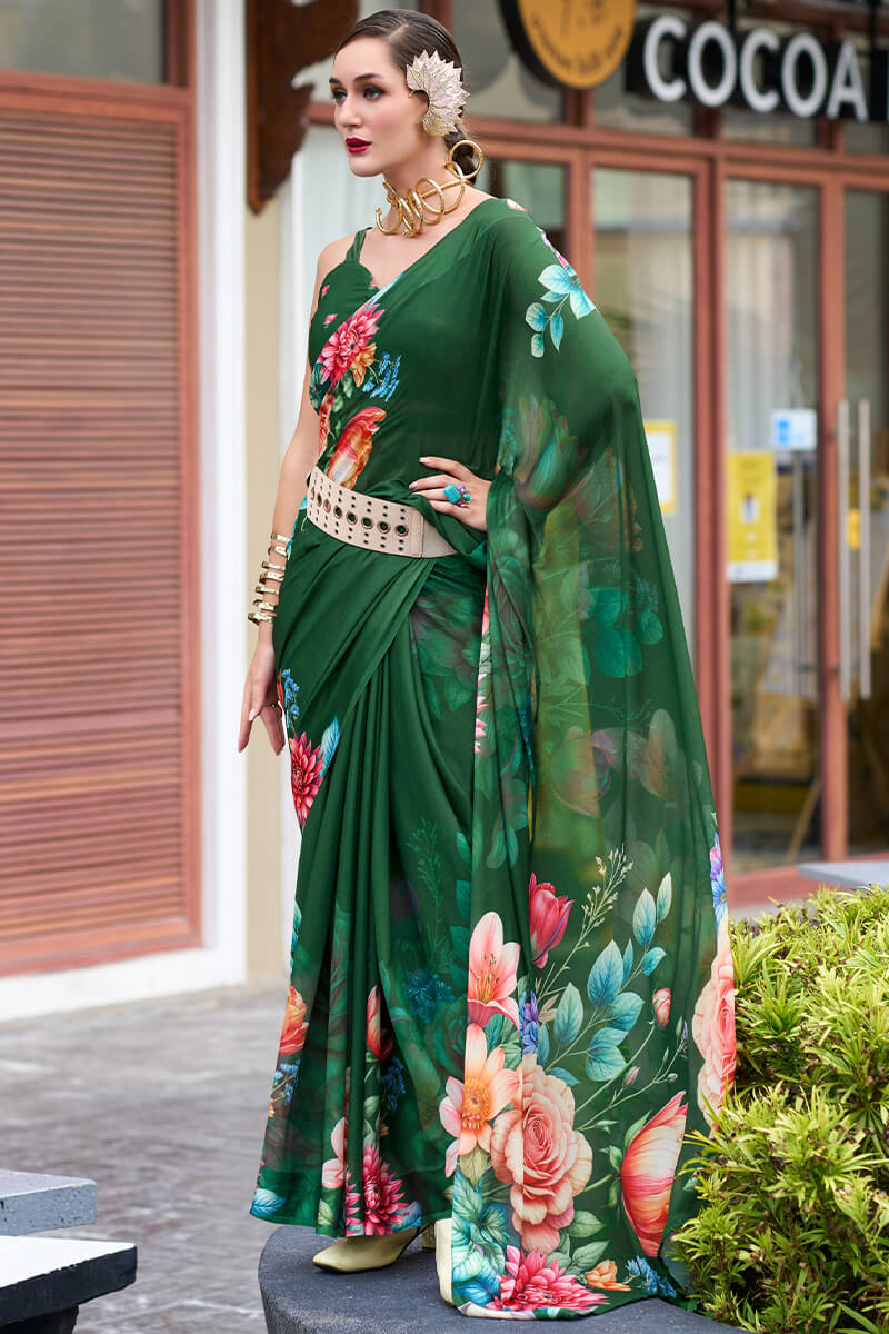 Sakira Dark Green Pure Georgette Printed Saree