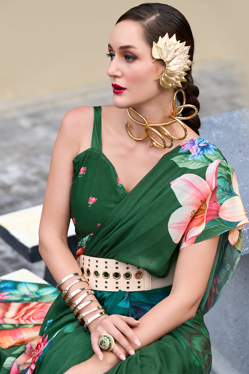Sakira Dark Green Pure Georgette Printed Saree