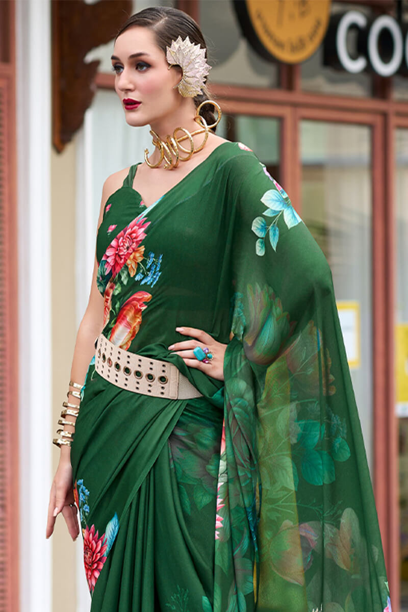 Sakira Dark Green Pure Georgette Printed Saree