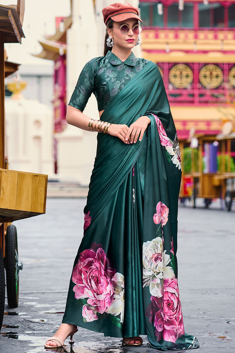 Next Ganeration Saga Green Pure Satin Silk Digital Printed Saree