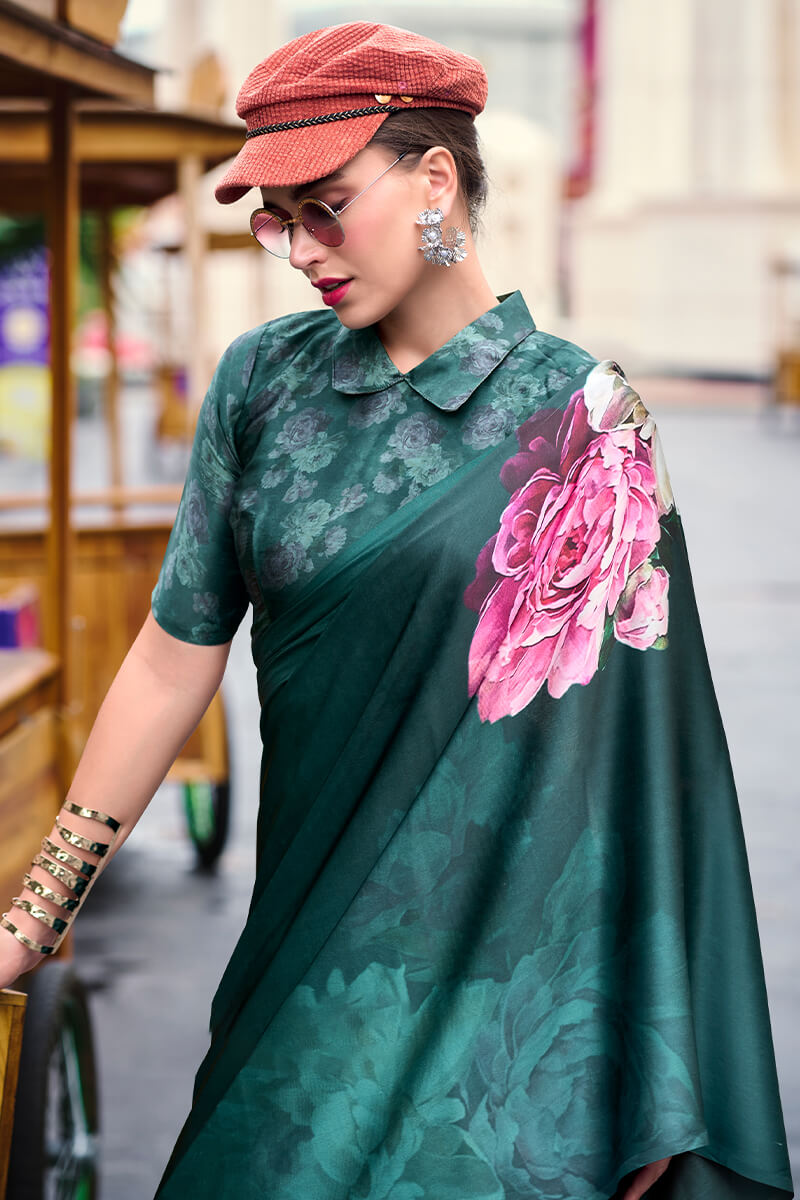 Next Ganeration Saga Green Pure Satin Silk Digital Printed Saree