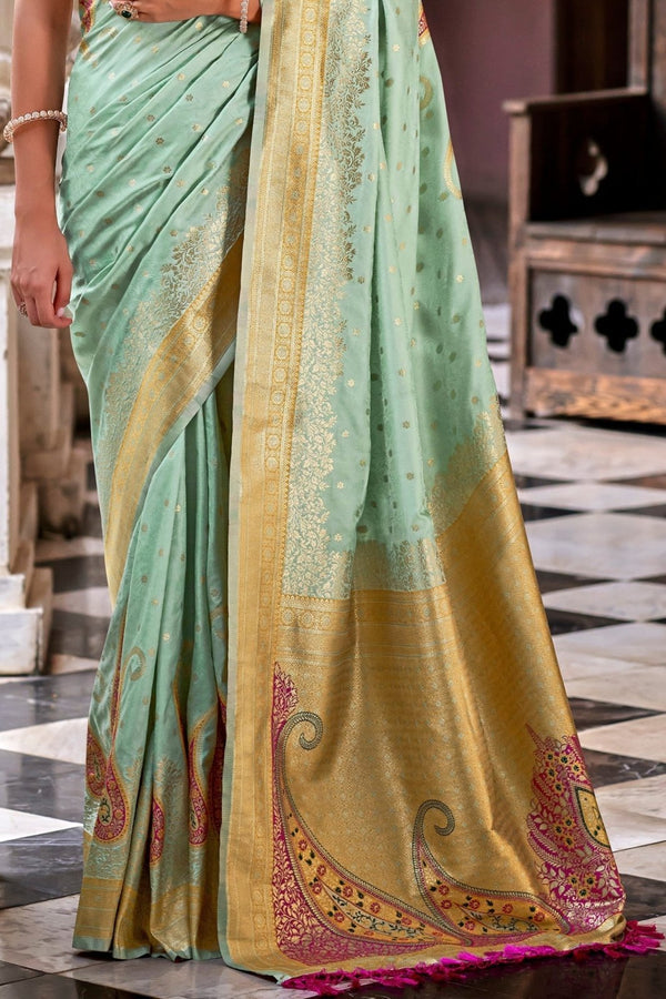 Pihu Mint Green Banarasi Soft Silk Weaving Saree