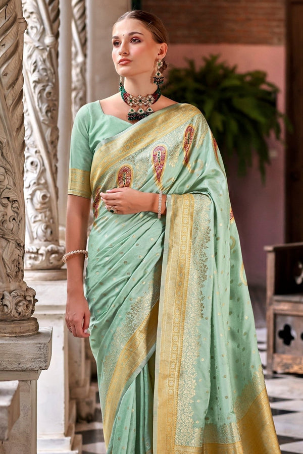 Pihu Mint Green Banarasi Soft Silk Weaving Saree