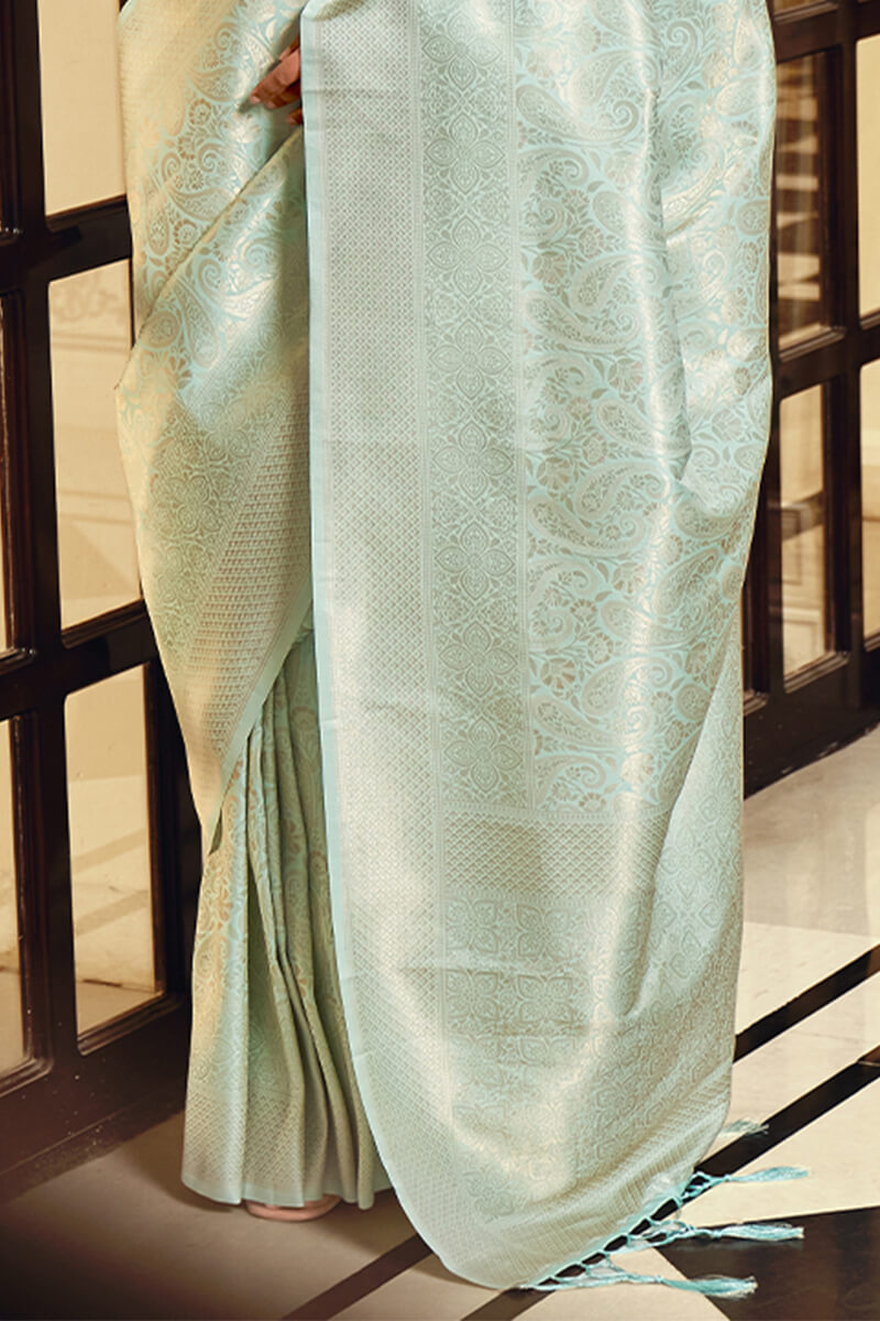 Scarlet Aqua Green Soft Kanjivaram Silk Woven Saree