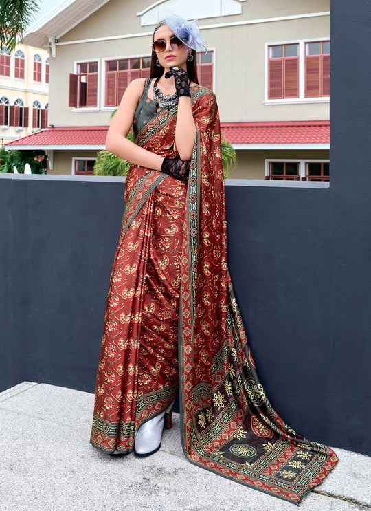 Next Generation Brown Ajrakh Satin Crepe Silk Printed Saree