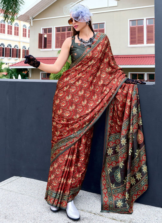 Next Generation Brown Ajrakh Satin Crepe Silk Printed Saree