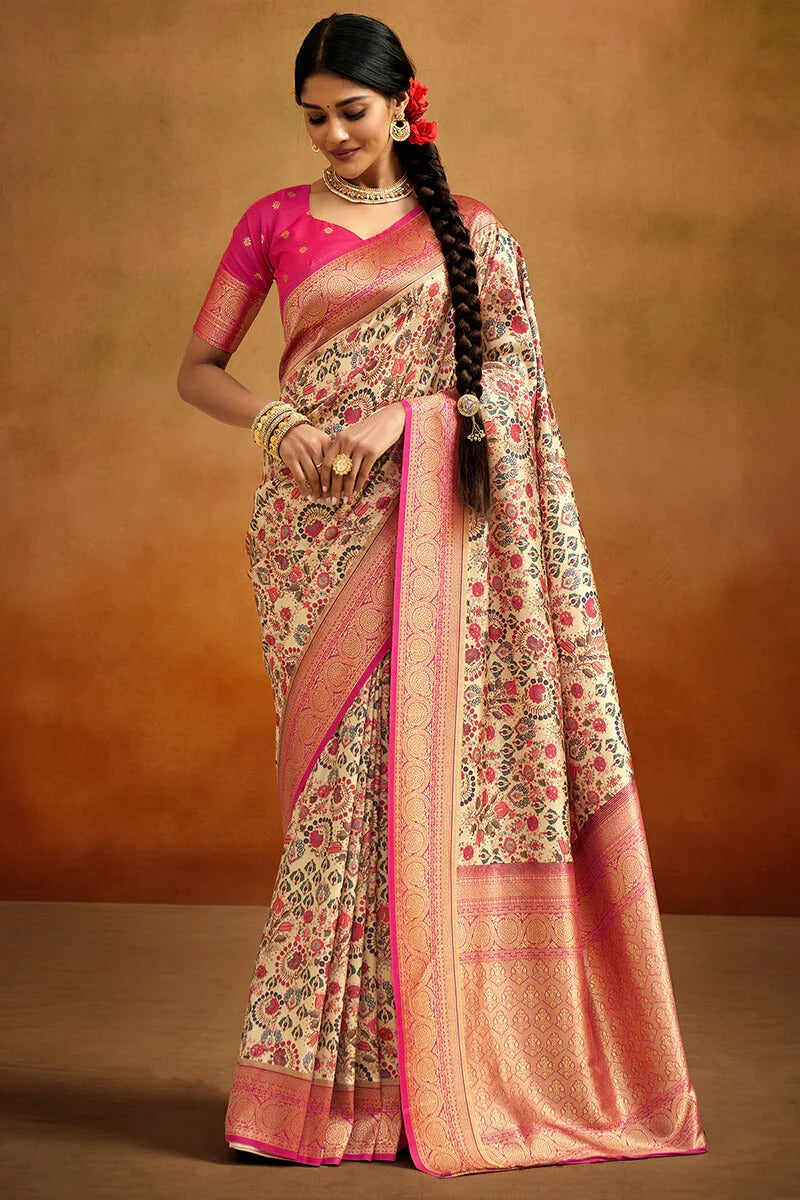 Moghra honey Beige Banarasi Tussar Silk Woven Kalamkari Saree