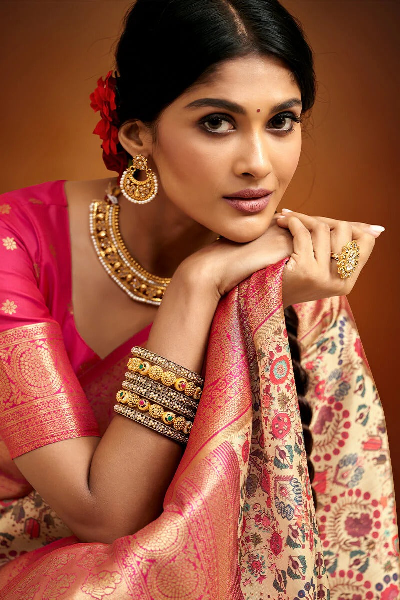 Moghra honey Beige Banarasi Tussar Silk Woven Kalamkari Saree