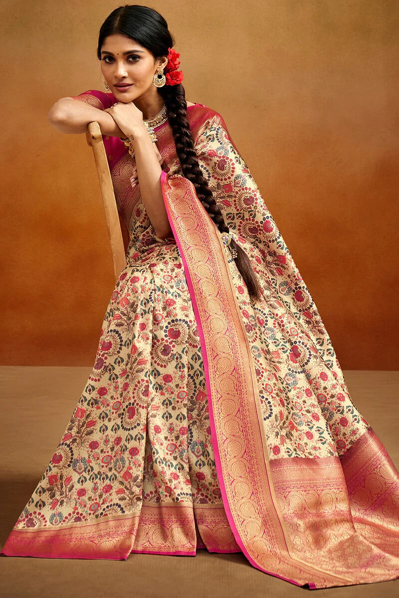 Moghra honey Beige Banarasi Tussar Silk Woven Kalamkari Saree