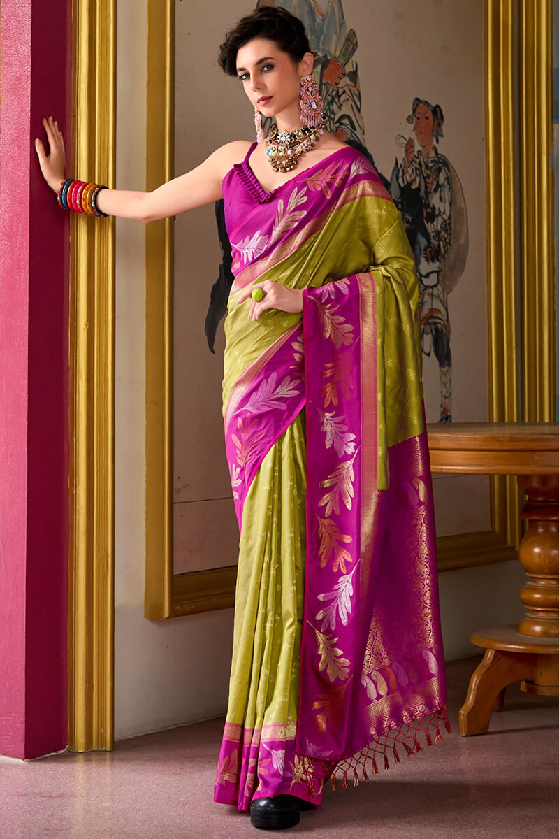 Leaf Avocado Green Pure Banarasi Soft Silk Woven Saree