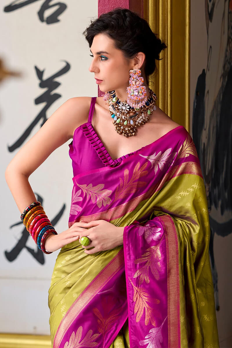Leaf Avocado Green Pure Banarasi Soft Silk Woven Saree