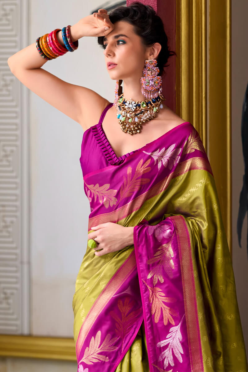 Leaf Avocado Green Pure Banarasi Soft Silk Woven Saree