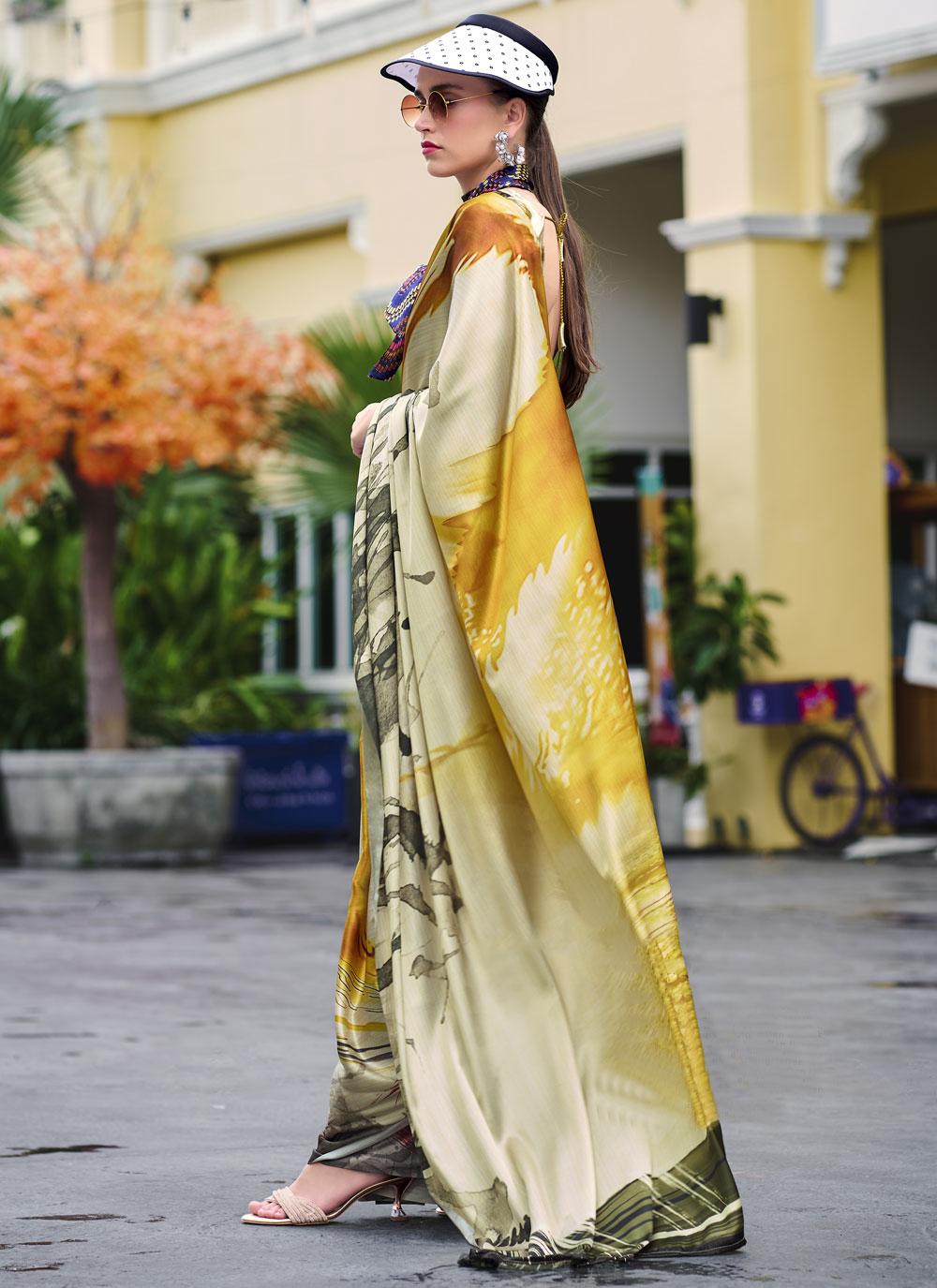 Next Ganeration Olive Pure Satin Silk Digital Printed Saree