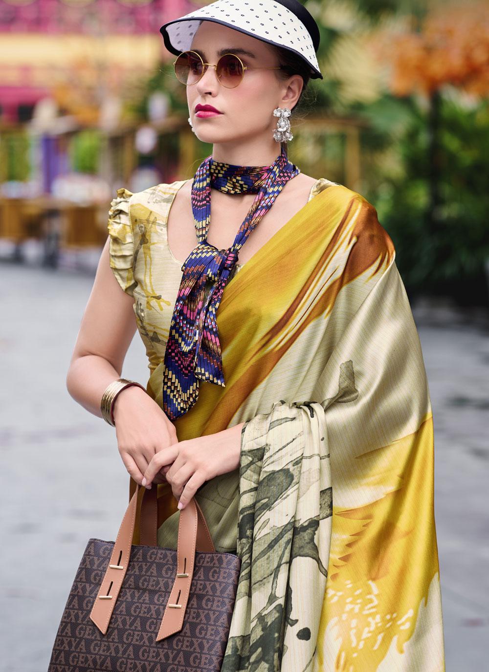 Next Ganeration Olive Pure Satin Silk Digital Printed Saree