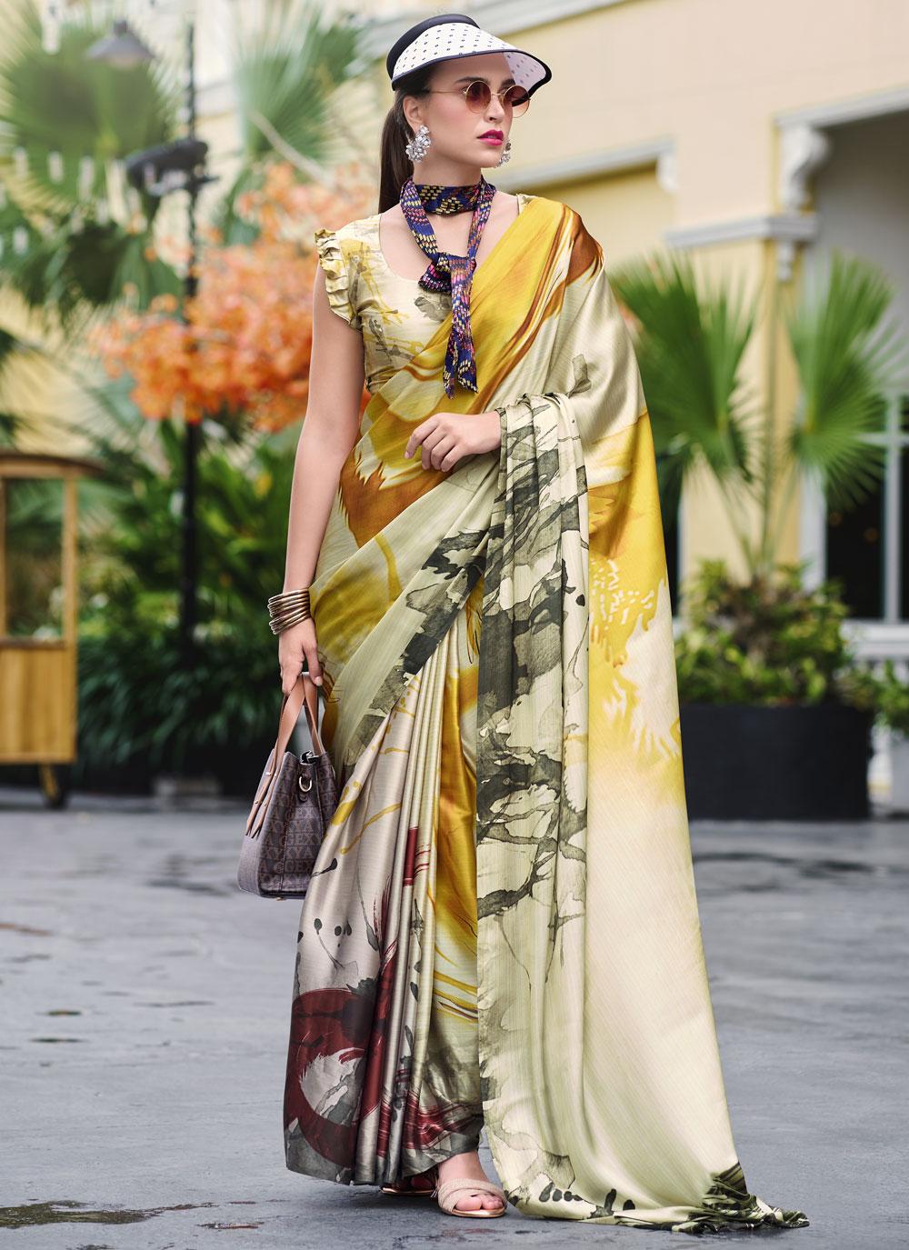 Next Ganeration Olive Pure Satin Silk Digital Printed Saree