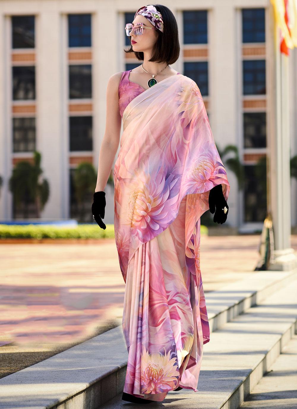 Next Ganeration Pink Pure Satin Silk Digital Printed Saree