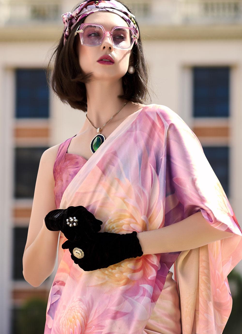 Next Ganeration Pink Pure Satin Silk Digital Printed Saree