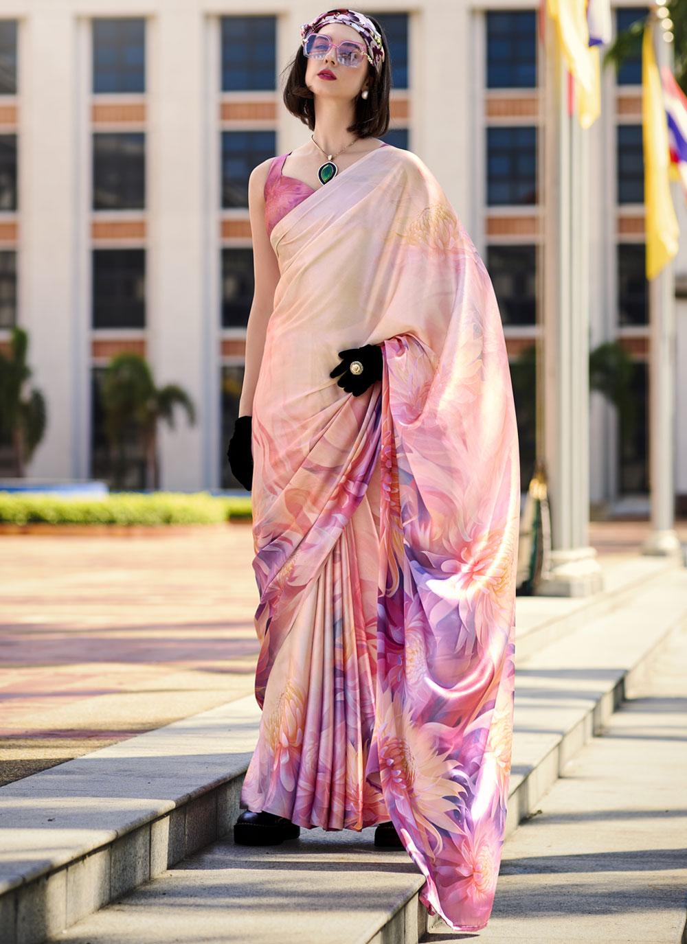 Next Ganeration Pink Pure Satin Silk Digital Printed Saree