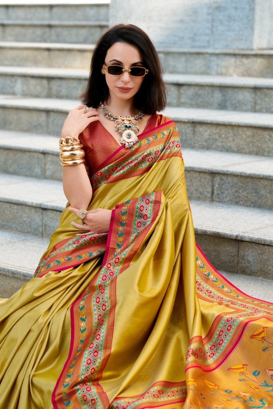 Rajkumari Yellow Tissue Paithani Silk Zari Weaving Saree