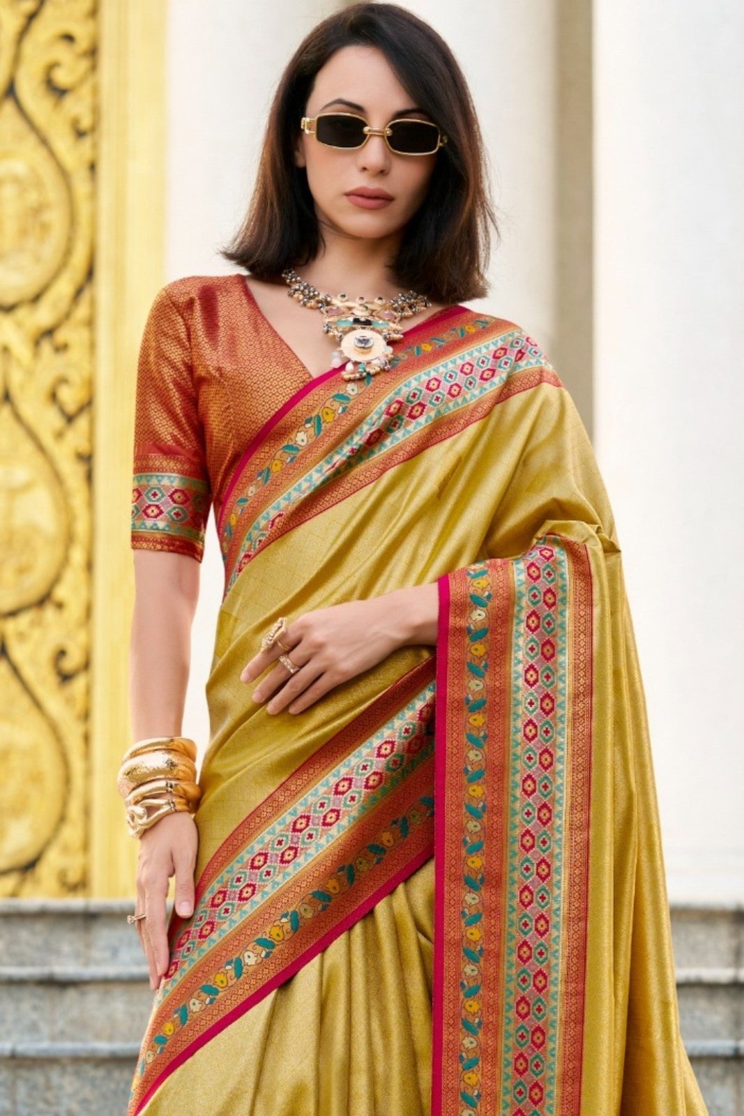 Rajkumari Yellow Tissue Paithani Silk Zari Weaving Saree