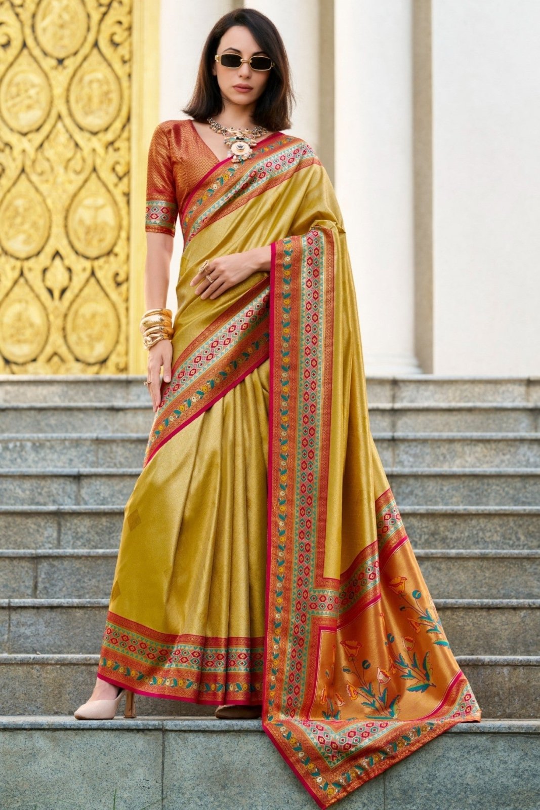 Rajkumari Yellow Tissue Paithani Silk Zari Weaving Saree