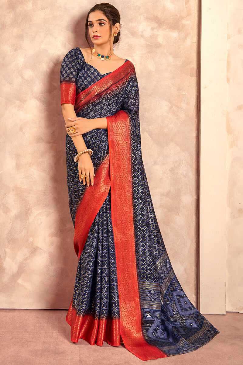 Celo Navy Blue Soft Dola Silk Foil Print With Jacquard Border Saree