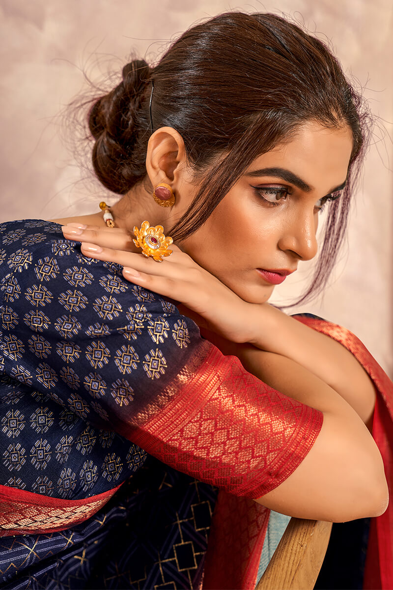 Celo Navy Blue Soft Dola Silk Foil Print With Jacquard Border Saree