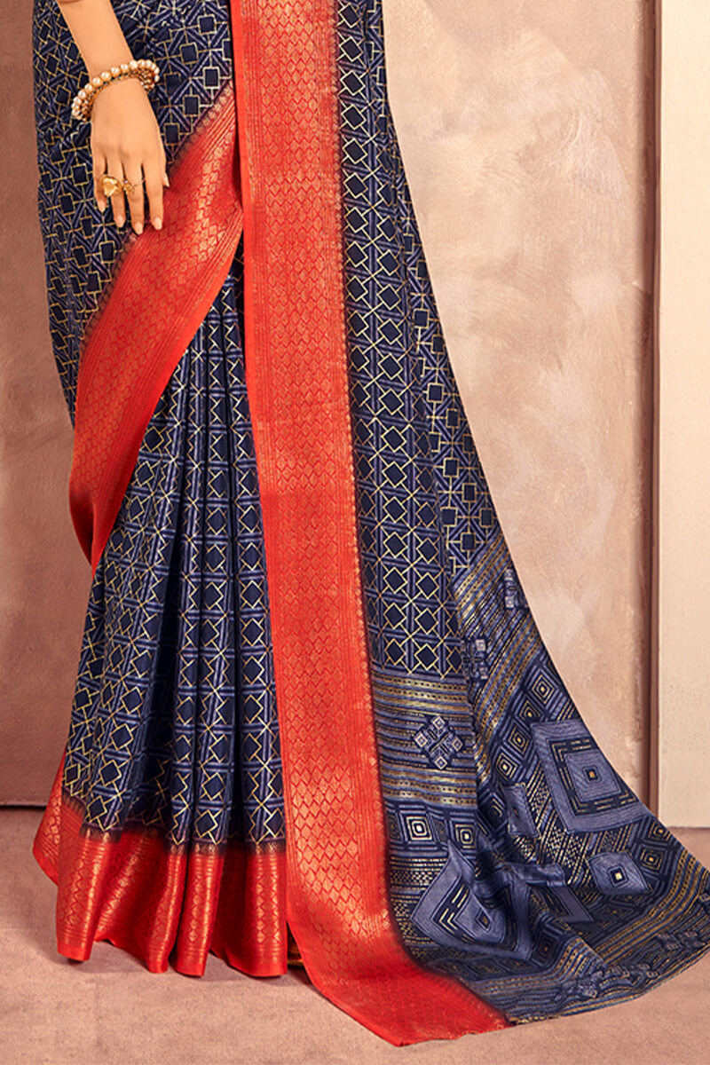 Celo Navy Blue Soft Dola Silk Foil Print With Jacquard Border Saree