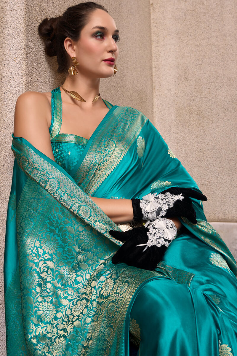 Mungha Cobalt Sea Banarasi Satin Silk Zari Weaving Saree
