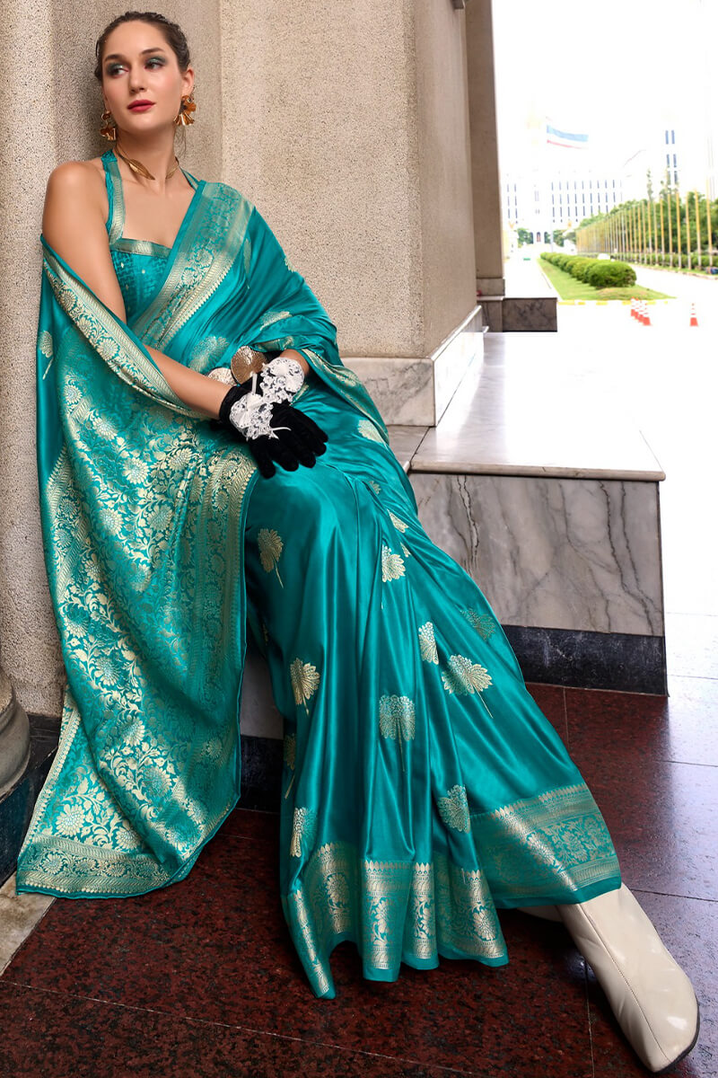 Mungha Cobalt Sea Banarasi Satin Silk Zari Weaving Saree