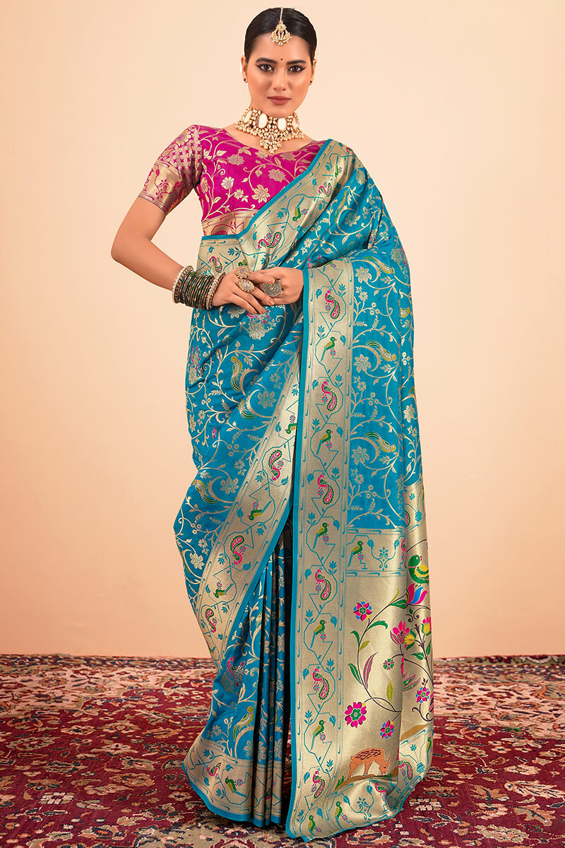 Sailja Sky Blue Pure Paithani Silk Zari Weaving Saree