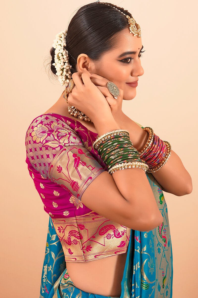 Sailja Sky Blue Pure Paithani Silk Zari Weaving Saree