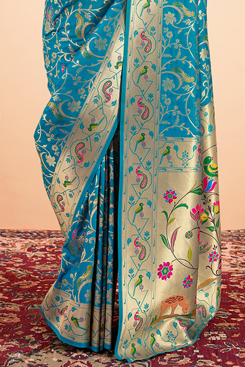 Sailja Sky Blue Pure Paithani Silk Zari Weaving Saree