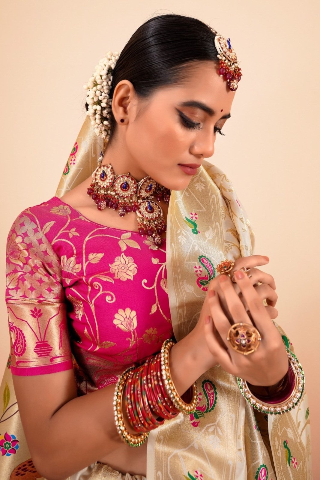 Shailja Cream Pure Paithani Silk Zari Weaving Saree