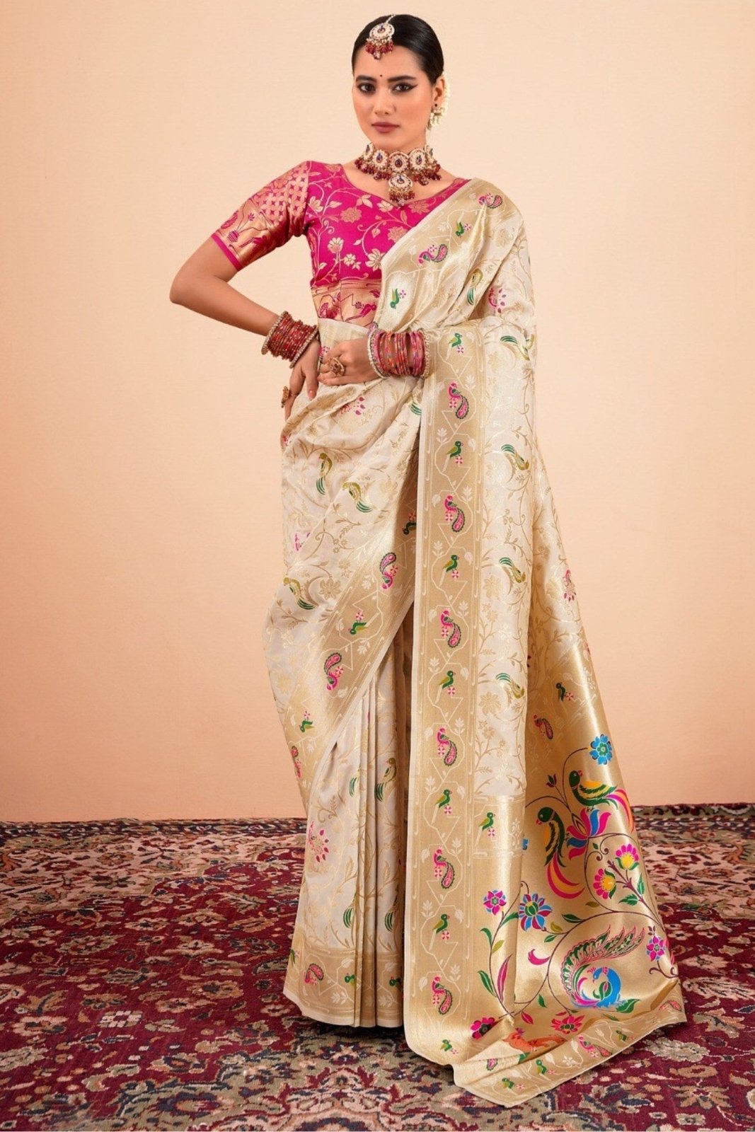 Shailja Cream Pure Paithani Silk Zari Weaving Saree
