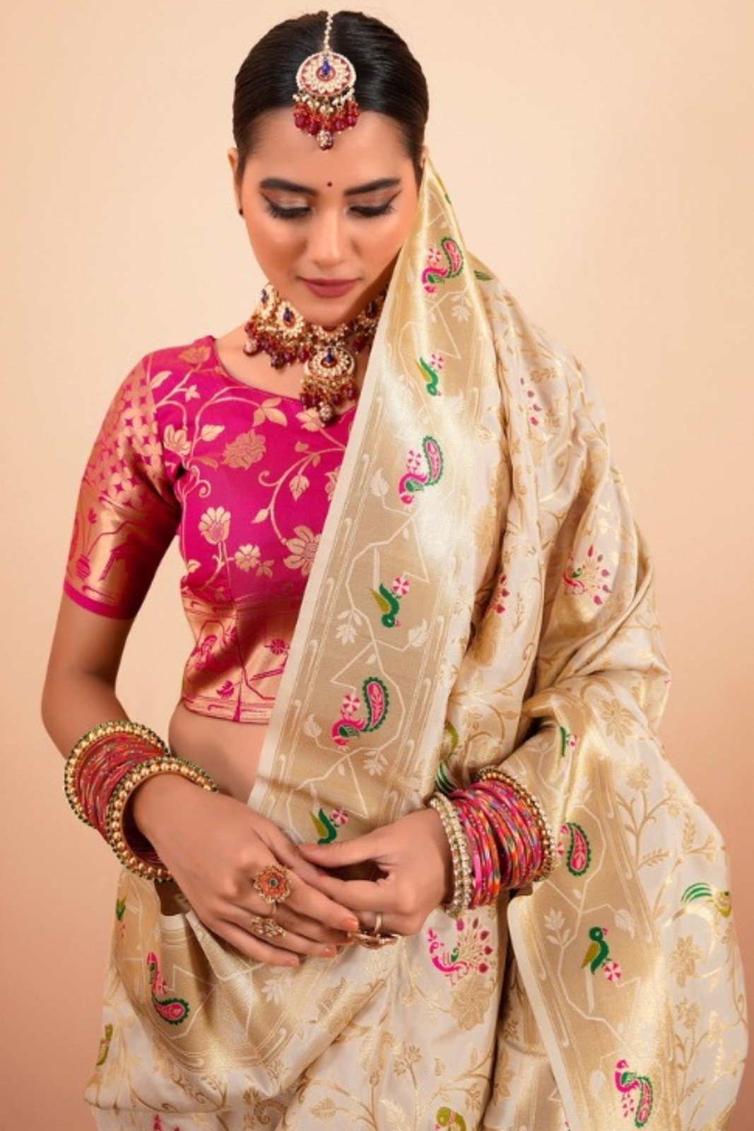 Shailja Cream Pure Paithani Silk Zari Weaving Saree