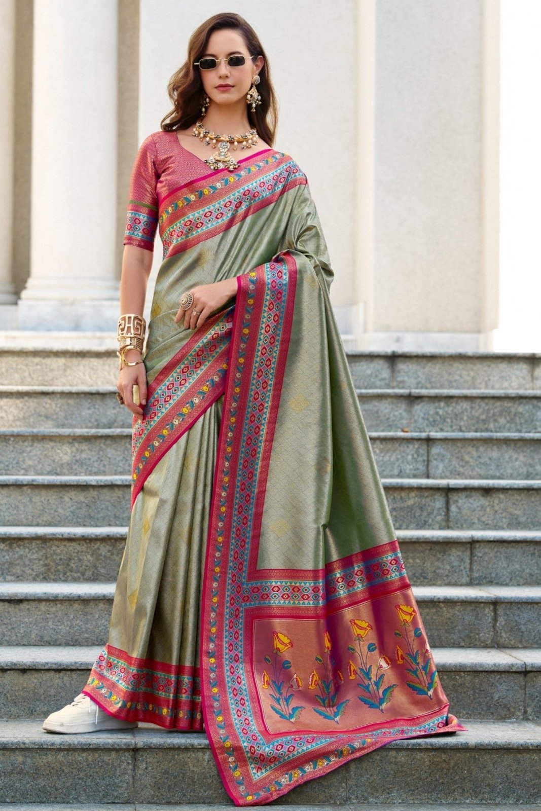 Rajkumari Grey Tissue Paithani Silk Zari Weaving Saree