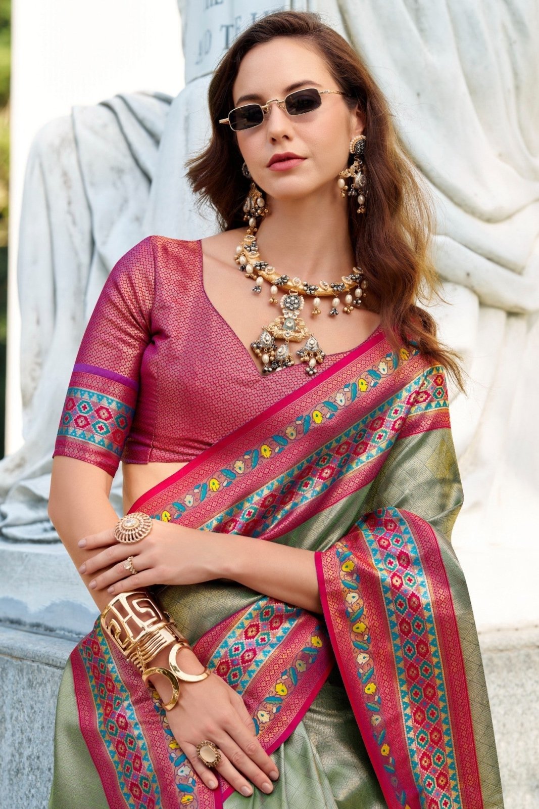 Rajkumari Grey Tissue Paithani Silk Zari Weaving Saree