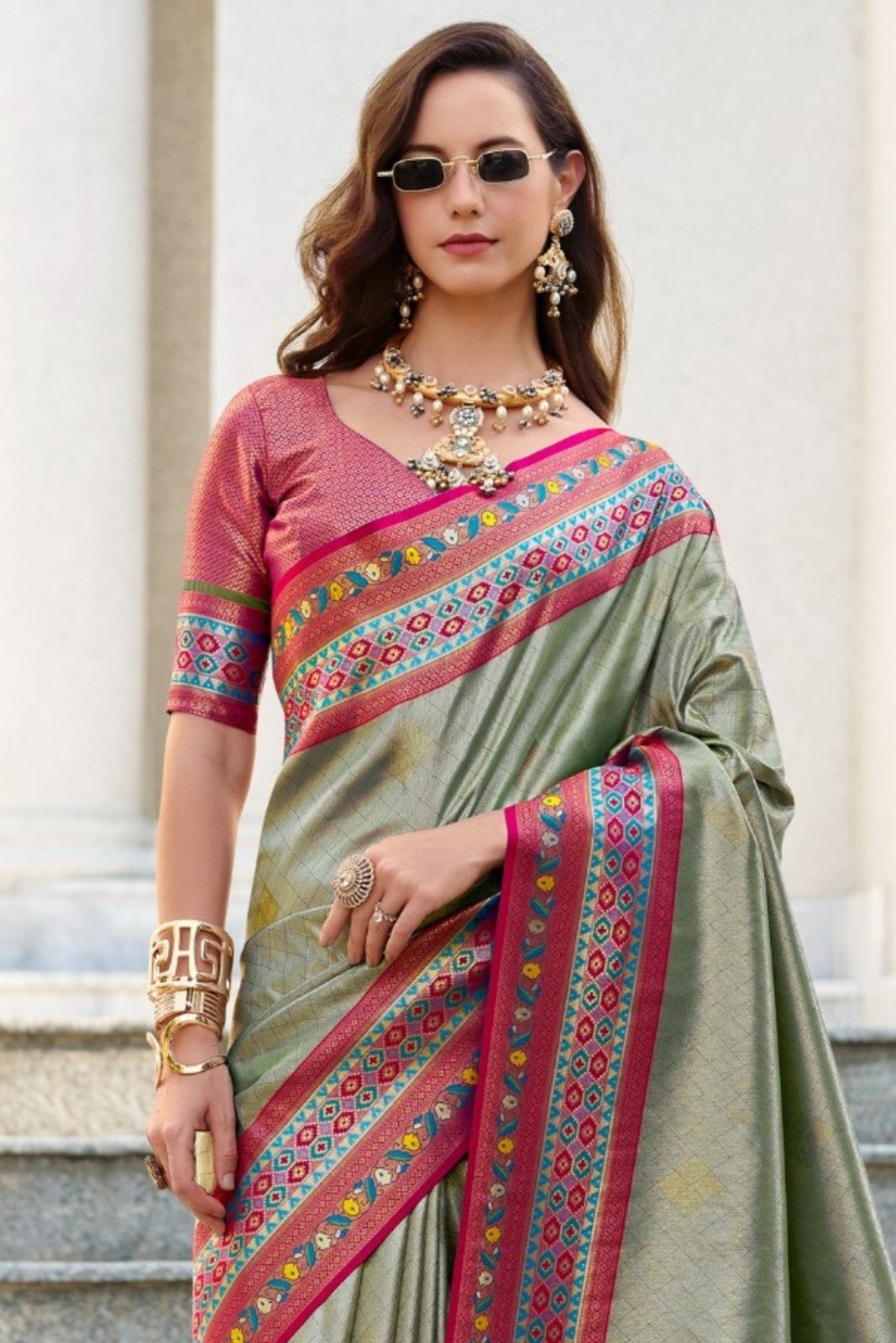 Rajkumari Grey Tissue Paithani Silk Zari Weaving Saree