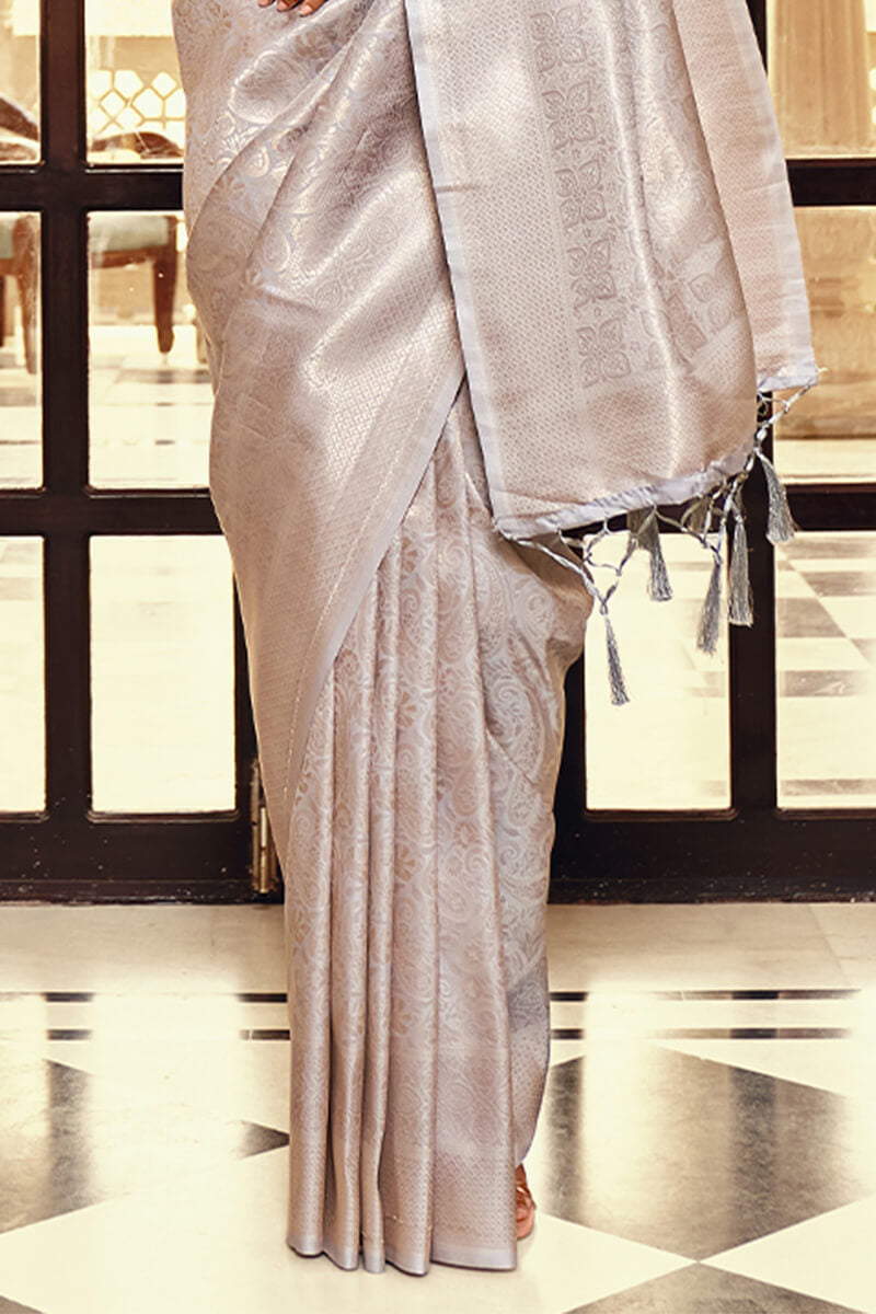 Scarlet Dusty Silver Soft Kanjivaram Silk Woven Saree