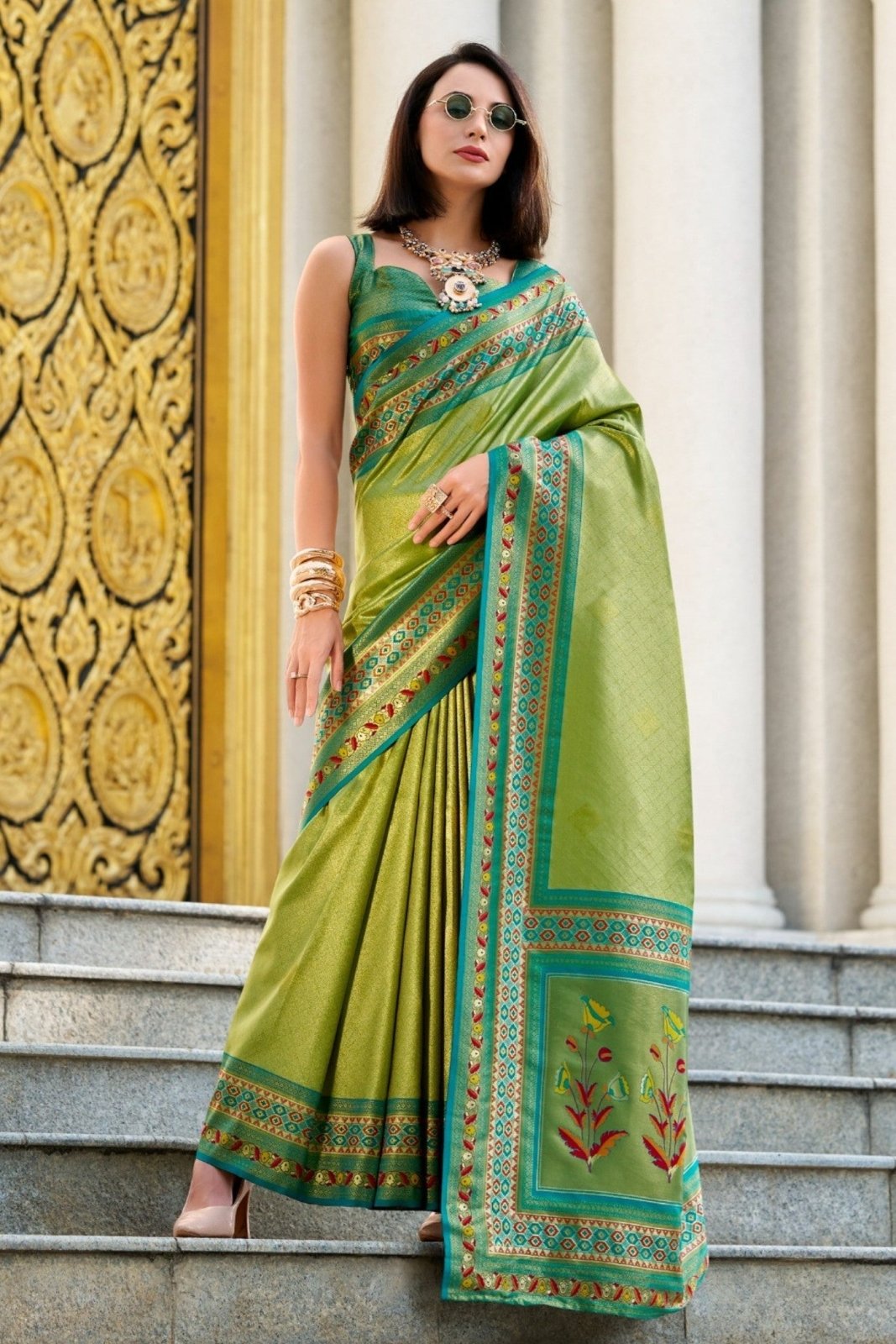 Rajkumari Green Tissue Paithani Silk Zari Weaving Saree